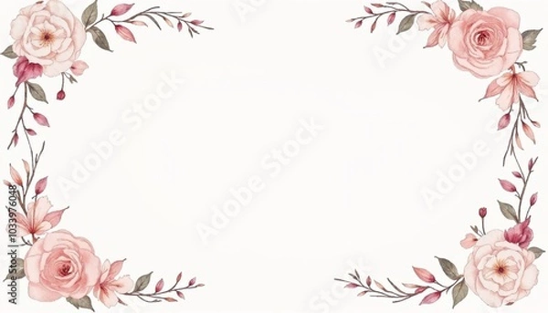 Fototapeta Elegant wedding card design with soft watercolor roses and floral frame