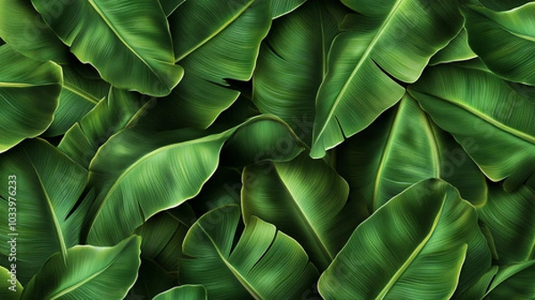 Fototapeta A close up of banana green leaves with a lush green background. 