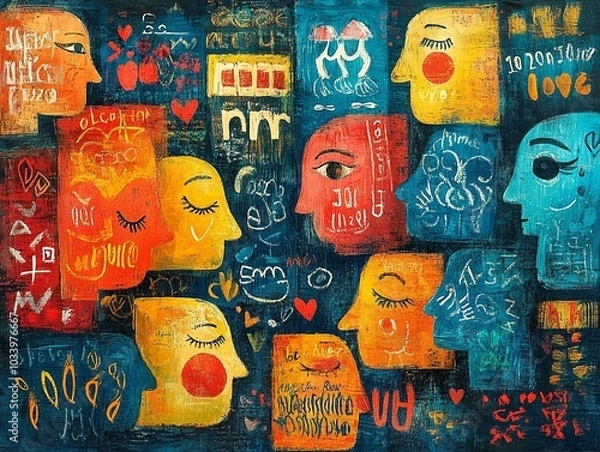 Obraz Young people chatting in foreign languages. illustration for web banner, infographics, mobile