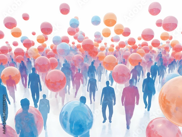 Fototapeta Flat Floating Voter Demographic Bubbles Concept: Close-Up of Holographic Bubbles Illustrating Diverse Voter Populations with Detailed Information, Perfect for Strategic Targeting in Smart Business Vis