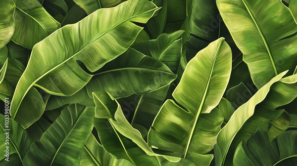 Fototapeta A close up of banana green leaves with a lush green background. 