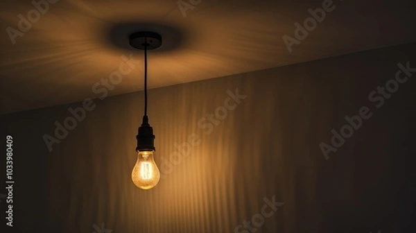 Fototapeta Dark empty room with single flickering light bulb casting long shadows, emphasizing absence of power and eerie atmosphere, minimalist setting with focus on light bulb's glow.