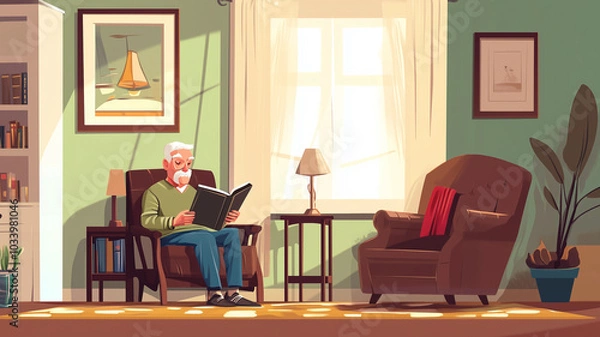 Fototapeta vector style that is colorful, simple, and minimalistic, in a cartoon style, elderly man reading a book, sitting in living room. Senior man reading, hobby for retired or old people. Training the mind.