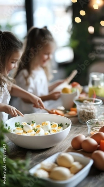 Fototapeta An empty scene featuring blank mockup template (a delightful home kitchen with children learning to make deviled eggs, surrounded by laughter and colorful ingredients), 