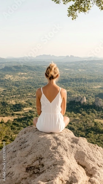 Fototapeta Woman is sitting on a rock, enjoying the view of a valley at sunset. She is wearing a white dress and has her hair in a bun; meditation in a relaxing travel; yoga pose and relaxation