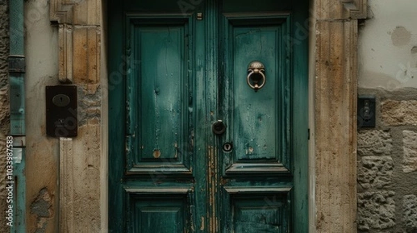 Fototapeta weathered green door with peeling paint and vintage knocker, set against textured stone wall, evokes sense of history and charm