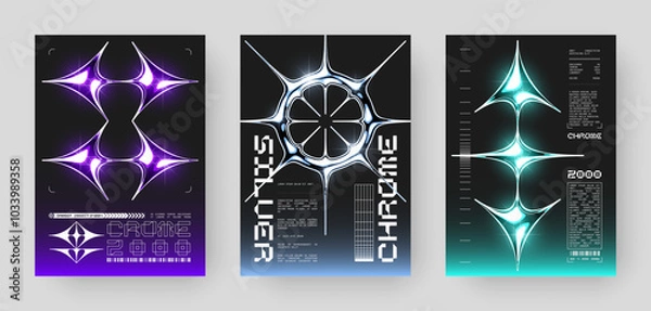 Fototapeta Set of Futuristic Abstract Cyberpunk Poster Design. Y2K Neon-lit geometric shapes, Silver Chrome, 2000s, shiny metallic surface, high-tech, sci-fi aesthetic.