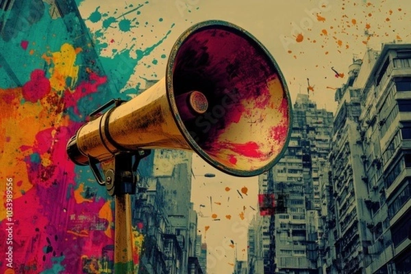 Fototapeta A megaphone with vibrant paint splatters on the background, ideal for use in illustrations or designs related to art, creativity, and self-expression
