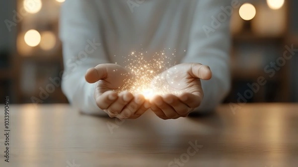 Obraz Healing energy flowing from hands onto a body, glowing natural therapy, 3D illustration