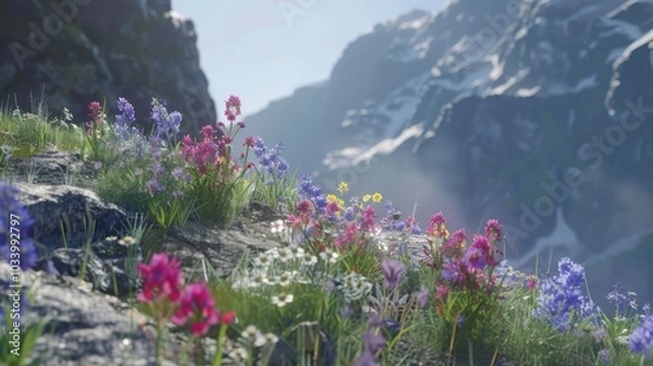 Fototapeta Lush wildflowers bloom vibrantly on rocky terrain, surrounded by majestic mountains. scene captures beauty of nature, evoking sense of tranquility and wonder