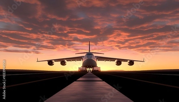 Fototapeta Cargo plane being loaded on a runway at sunrise, global shipping and aviation industry concept, soft clouds and warm light, logistics focus
