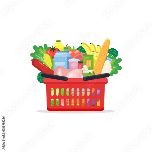 Fototapeta Grocery basket - a shopping basket with different foods and beverages. Illustration in flat style, design template