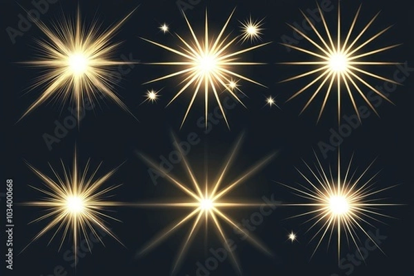 Obraz Set of shining starburst effects on dark background, perfect for graphic design.