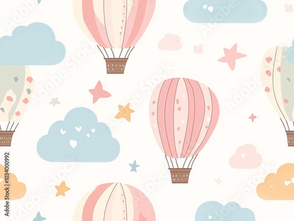 Fototapeta Cute hot air balloon seamless pattern, light color background with clouds and balloons.  
