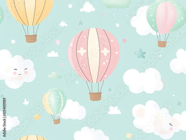 Fototapeta Cute hot air balloon seamless pattern, light color background with clouds and balloons.  
