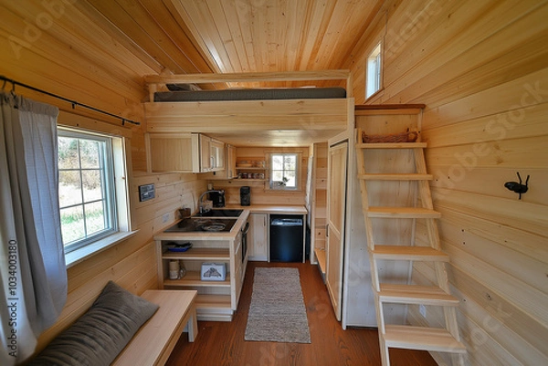 Fototapeta Tiny House with Loft Bedroom, Compact Kitchen, and Wall-Mounted Storage for Smart Design
