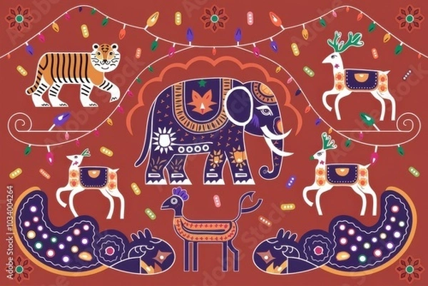 Fototapeta Vibrant Indian Festival Illustration Featuring Elephant Tiger Colorful Lights - Perfect Diwali Promotions, Cultural Celebrations, Festive Decor