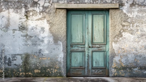 Fototapeta weathered turquoise door stands against textured, peeling wall, showcasing rustic charm and character. faded colors evoke sense of history and timelessness