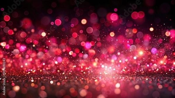 Fototapeta Abstract soft bokeh lights on black background with macro glittering pink red particles