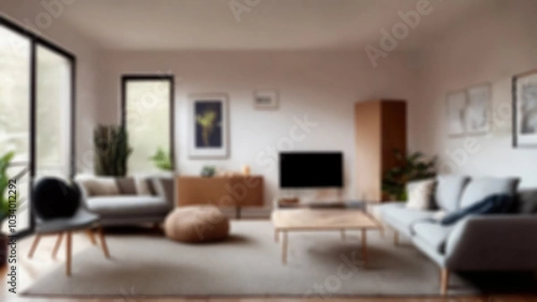 Fototapeta 居心地 のよい 明るい 広い リビング 【 被写界深度 で ボケた 表現 の 背景素材 】