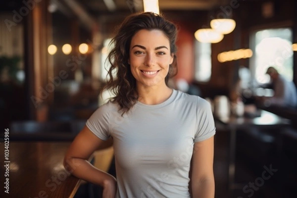 Obraz Portrait of a blissful woman in her 20s wearing a moisture-wicking running shirt over serene coffee shop background