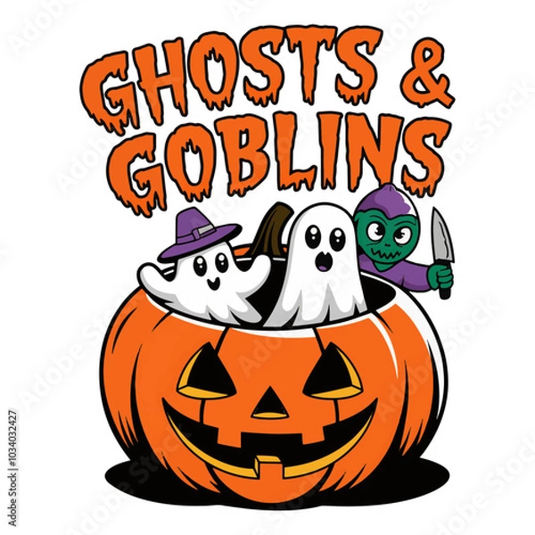 Fototapeta Spooky Halloween T-Shirt Design: Ghosts, Pumpkins, and Witches - Vector Illustration. Generative with AI