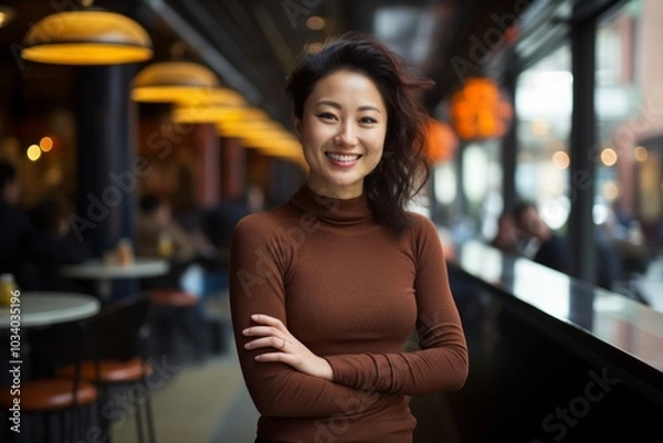Obraz Portrait of a jovial asian woman in her 30s showing off a thermal merino wool top isolated in bustling restaurant background