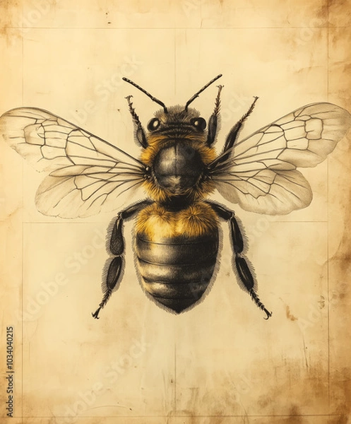 Fototapeta A magic or Victorian Honey Bee sketch line art drawing in a vintage engraved woodcut etching style vector illustration