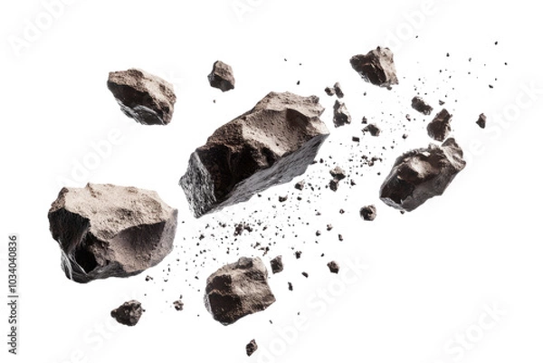 Obraz Several large asteroids flying through space, small rock fragments and dust.