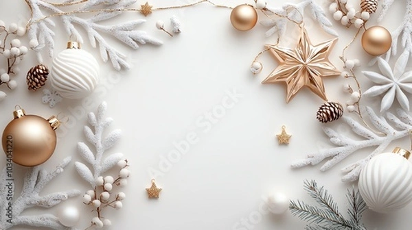 Fototapeta Simple watercolor Christmas ornaments with golden touches, floating on a light cream background, minimalist and seamless