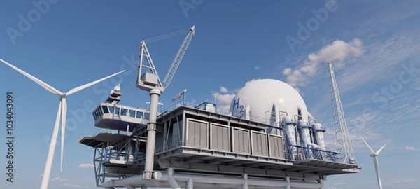 Fototapeta An offshore platform is designed for producing renewable energy derived from hydrogen, with its operational energy supplied by wind farms. 3D rendering.