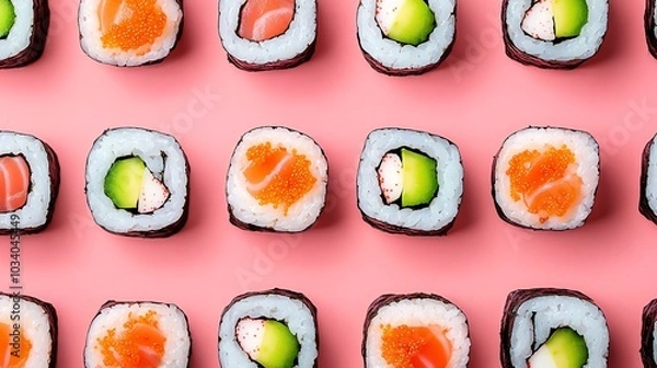 Fototapeta A conveyor belt with perfectly arranged sushi rolls, overhead shot, vibrant lighting