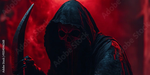 Obraz Halloween Background,Hooded skull in dark coat, dark in danger, scary face hidden in shadow,Generated By Ai