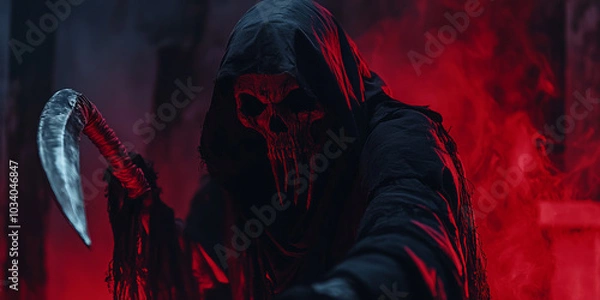 Obraz Halloween Background,Hooded skull in dark coat, dark in danger, scary face hidden in shadow,Generated By Ai