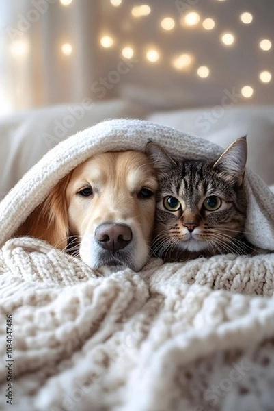 Fototapeta Dog and cat cuddled under a blanket with Christmas lights in background