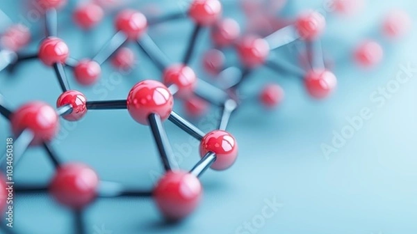 Fototapeta A close-up view of a molecular structure, featuring red spheres interconnected by black lines, representing atoms and chemical bonds on a light blue background.