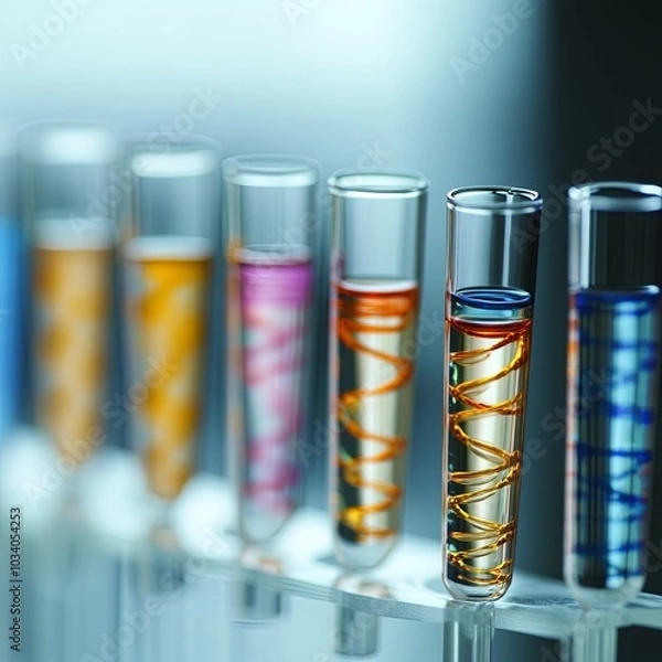 Fototapeta Test tubes with different illustrations of DNA in laboratory, closeup