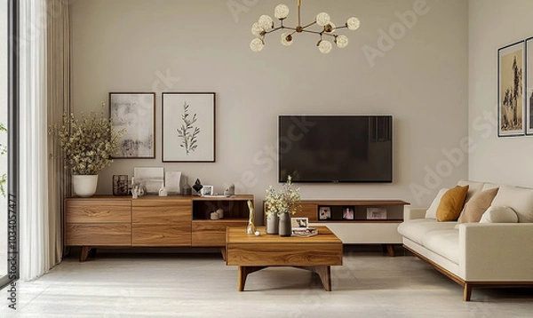 Obraz A modern Indian-style living room interior with white walls, a sofa, and a TV unit in a wooden color.