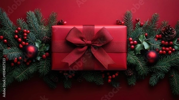 Fototapeta Christmas tree frame with green fir branches, red gift box, berries and gold lights on red background. Pine, xmas evergreen plants frame. garland decoration, holiday card with copy space