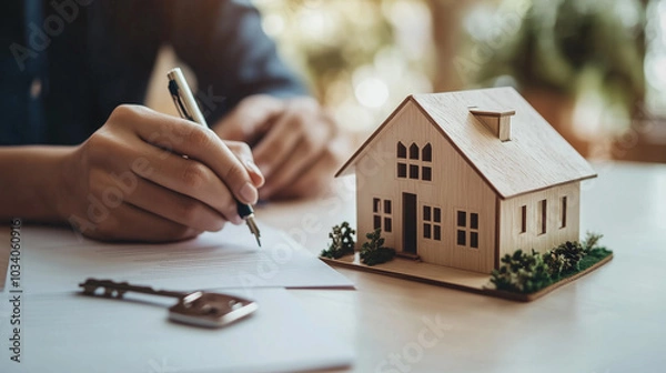 Fototapeta person signs a real estate contract with a miniature house and keys on the table, symbolizing property purchase, home ownership, or real estate investment.