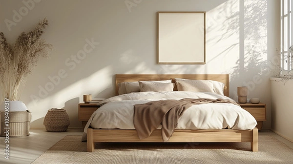 Fototapeta Minimalist bedroom with natural wood furniture, soft beige bedding, and neutral tones. Sunlight streams through the window, enhancing the serene, cozy atmosphere.