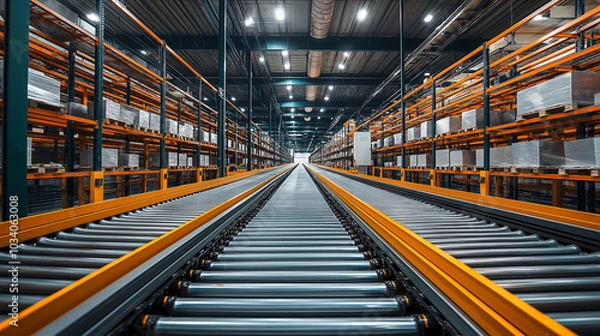 Fototapeta Conveyor Belt of Efficiency:  A long, straight conveyor belt runs through the center of a modern warehouse, highlighting the seamless flow of goods and the efficient operations within.