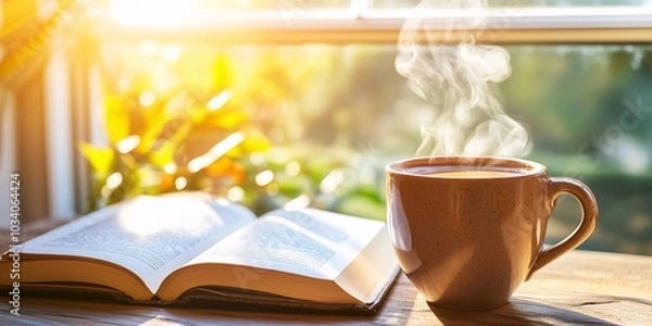 Fototapeta Ceramic Mug with Coffee and Open Book on Wooden Table in Morning Light