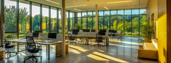 Obraz A modern office with glass walls, interior design photography, a large open space.