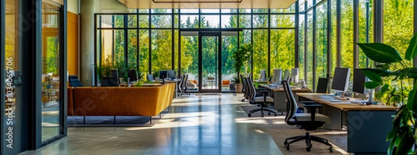Obraz A modern office with glass walls, interior design photography, a large open space.