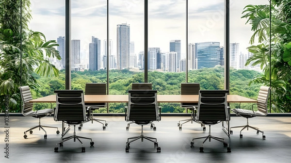Fototapeta Modern conference room with a view of a city skyline and lush greenery outside.