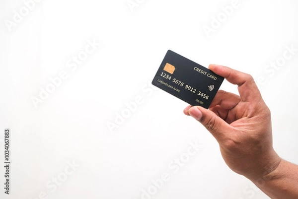 Fototapeta Hand showing credit card, or card, or business card or voucher, isolated on white background, template, mock-up