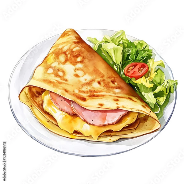Fototapeta Savory Ham and Cheese Crepe with Salad on a White Plate, Perfect for French Café Menus, White Background, PNG