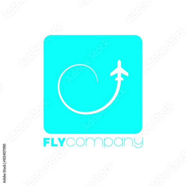 Fototapeta The logo consists of a turquoise square with a white airplane flying in an arcuate trajectory inside. The words FLY company are written under the square.