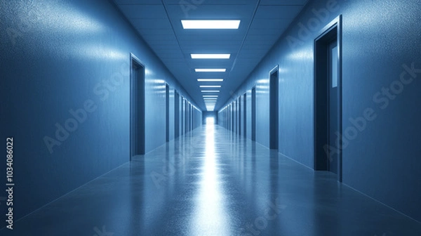 Fototapeta Blue Corridor Interior Architecture Design Long Empty Hallway with Doors and Light